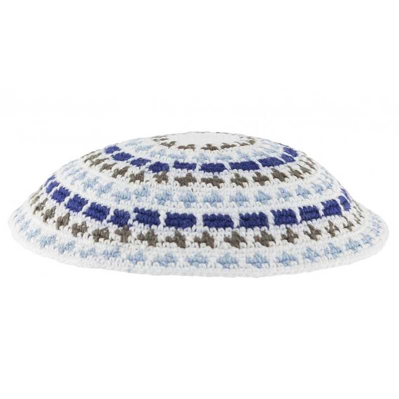 White DMC knitted kippah with Olive Blue and White... | Knitted Kippah