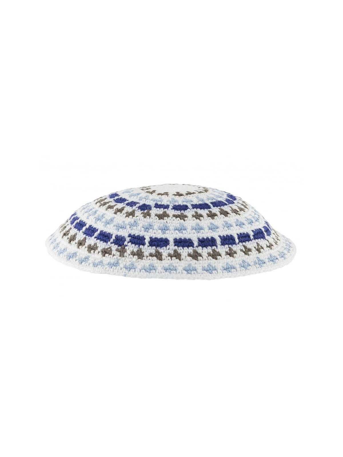White DMC knitted kippah with Olive Blue and White... | Knitted Kippah