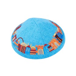 Turquoise Fabric Kippah with Embroidered Colorful Je... | Cloth Kippah
