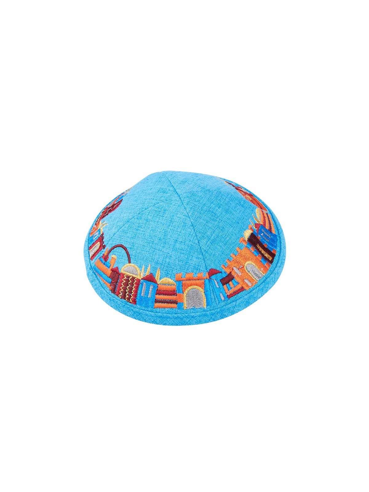 Turquoise Fabric Kippah with Embroidered Colorful Je... | Cloth Kippah