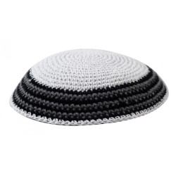 White Knitted Kippah with Thin White and Gray Bord... | Knitted Kippah