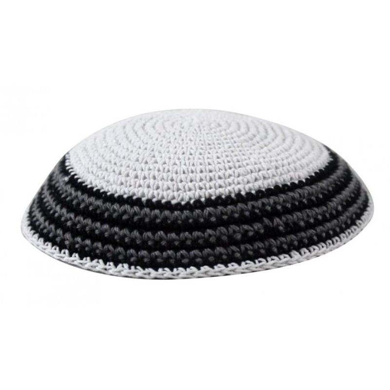 White Knitted Kippah with Thin White and Gray Bord... | Knitted Kippah