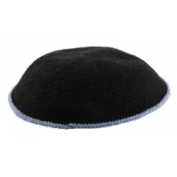 Black DMC Knitted Kippah with Thin Blue Border Stripe | Knitted Kippah