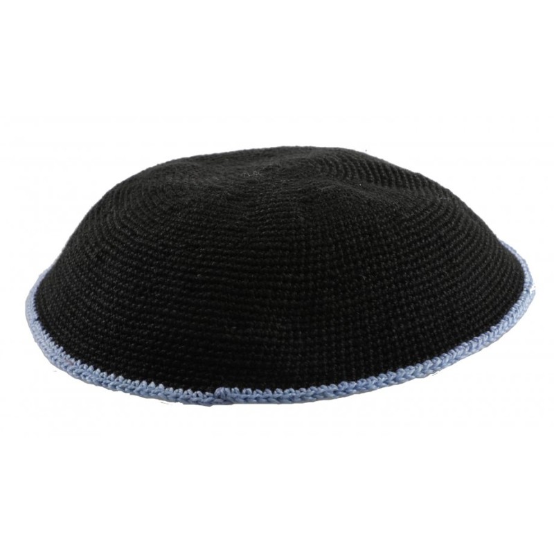 Black DMC Knitted Kippah with Thin Blue Border Stripe | Knitted Kippah