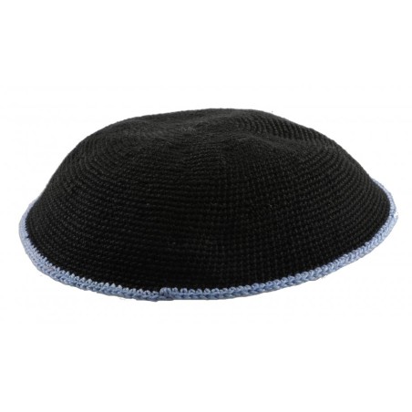 Black DMC Knitted Kippah with Thin Blue Border Stripe | Knitted Kippah