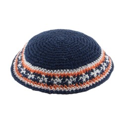 Blue Knitted Kippah with Blue and Orange Border | Knitted Kippah