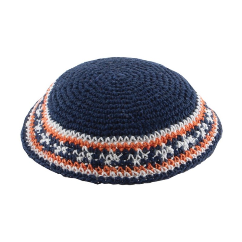 Blue Knitted Kippah with Blue and Orange Border | Knitted Kippah