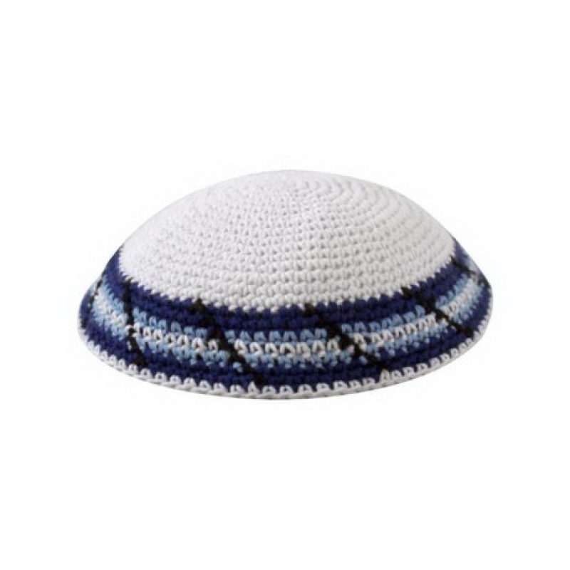 White Knitted Cotton Kippah with White Blue and Bl... | Knitted Kippah