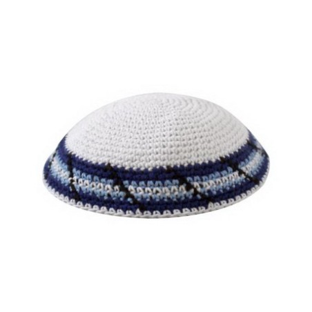 White Knitted Cotton Kippah with White Blue and Bl... | Knitted Kippah
