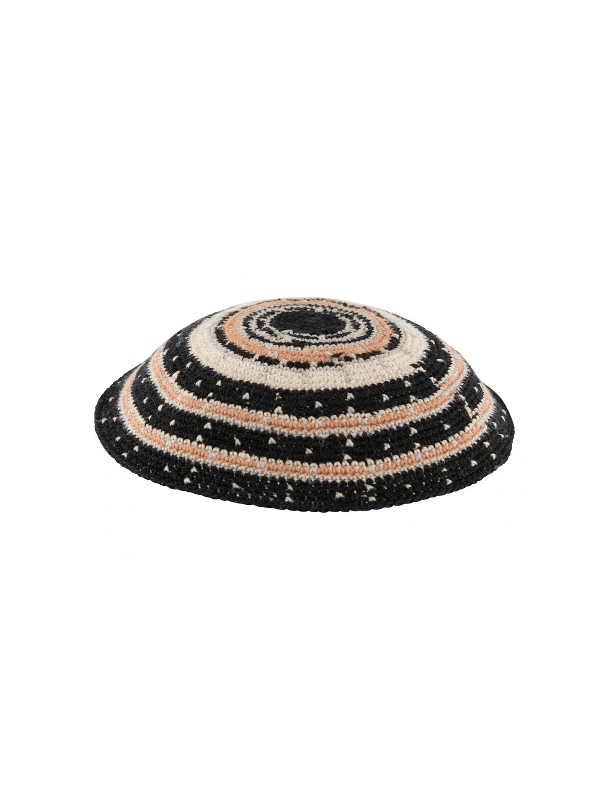 Black DMC Knitted Kippah with white and Beige circ... | Knitted Kippah
