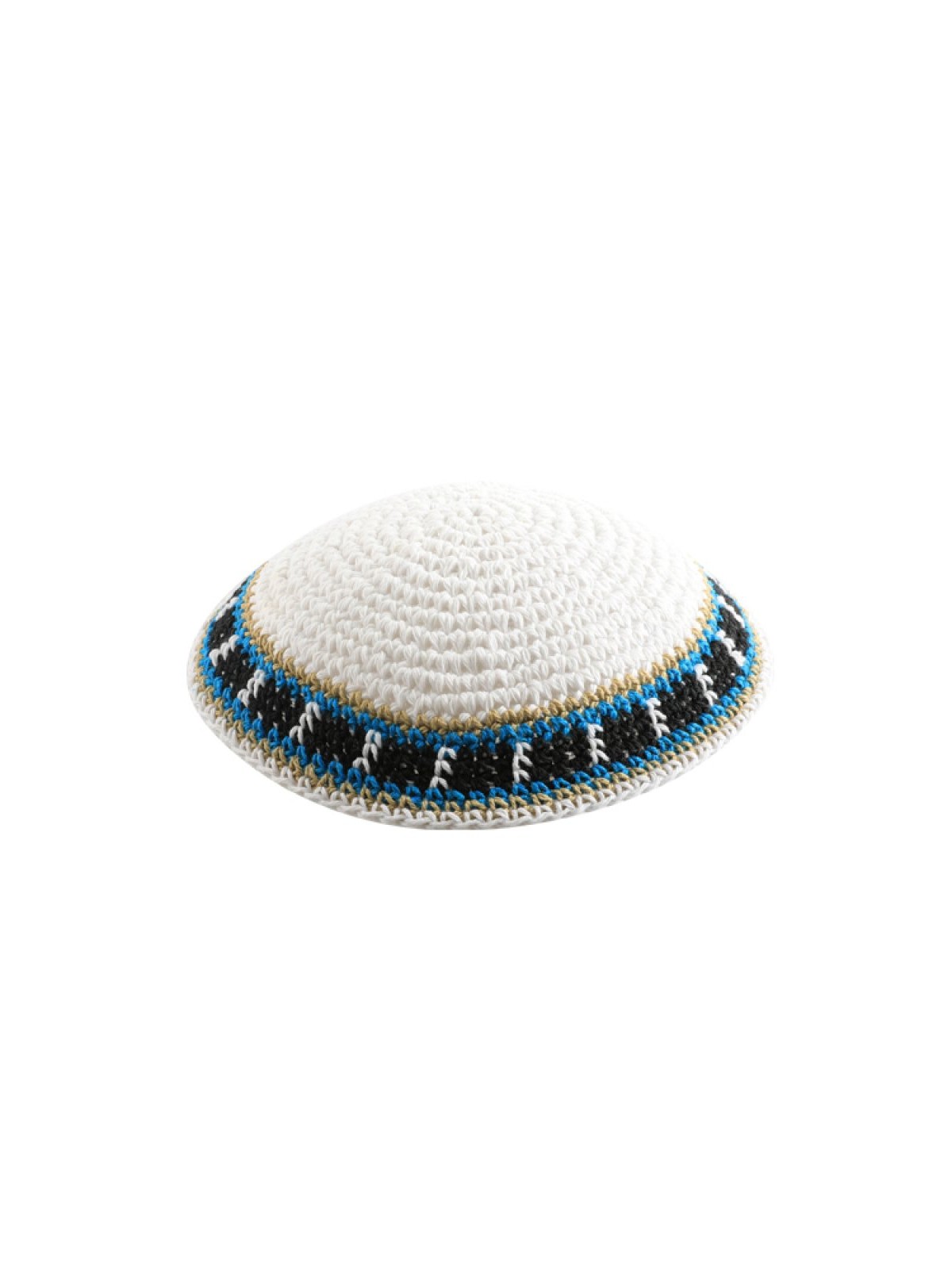 White Knitted Kippah with Blue and White Border | Knitted Kippah