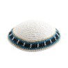 White Knitted Kippah with Blue and White Border | Knitted Kippah