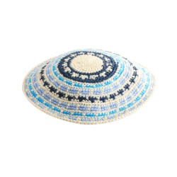 Stripes of Blue DMC Knitted Kippah with White Back... | Knitted Kippah