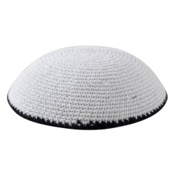 White with Dark Blue Border Knitted Kippah | Knitted Kippah