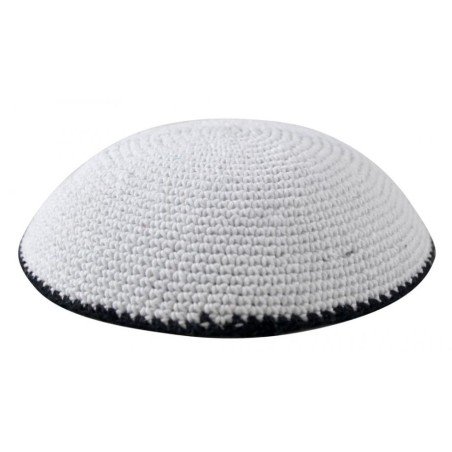 White with Dark Blue Border Knitted Kippah | Knitted Kippah