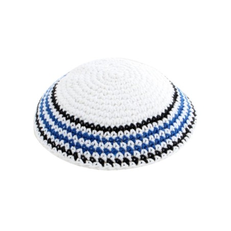White Knitted Kippah with Blue Black and White Bor... | Knitted Kippah