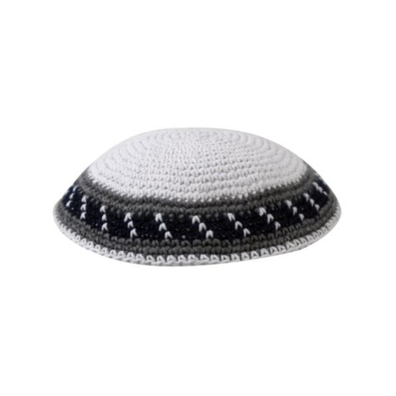 White Knitted Kippah with Gray and Black Border | Knitted Kippah