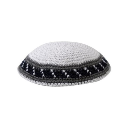 White Knitted Kippah with Gray and Black Border | Knitted Kippah