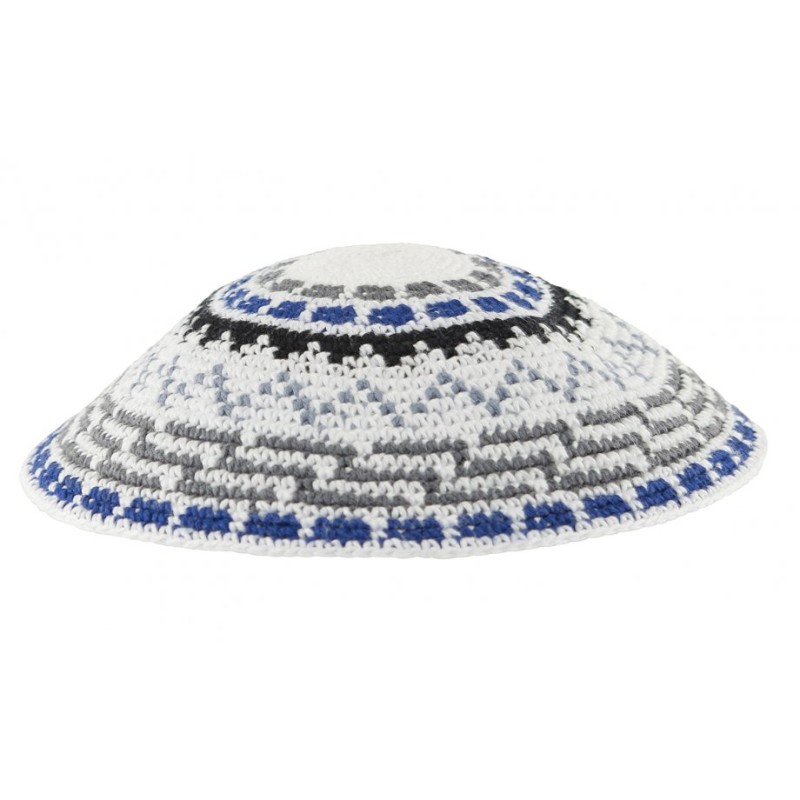 White DMC Knitted Kippah with Green Gray Blue and ... | Knitted Kippah