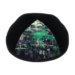 Black Velvet Kippah with Green Purple Design Panel | Velvet Kippah