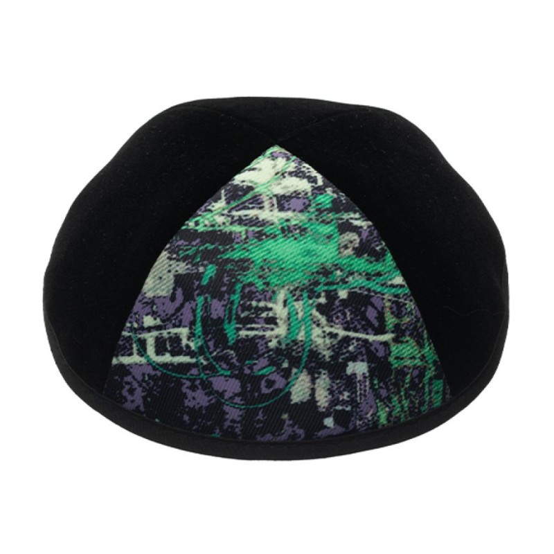 Black Velvet Kippah with Green Purple Design Panel | Velvet Kippah