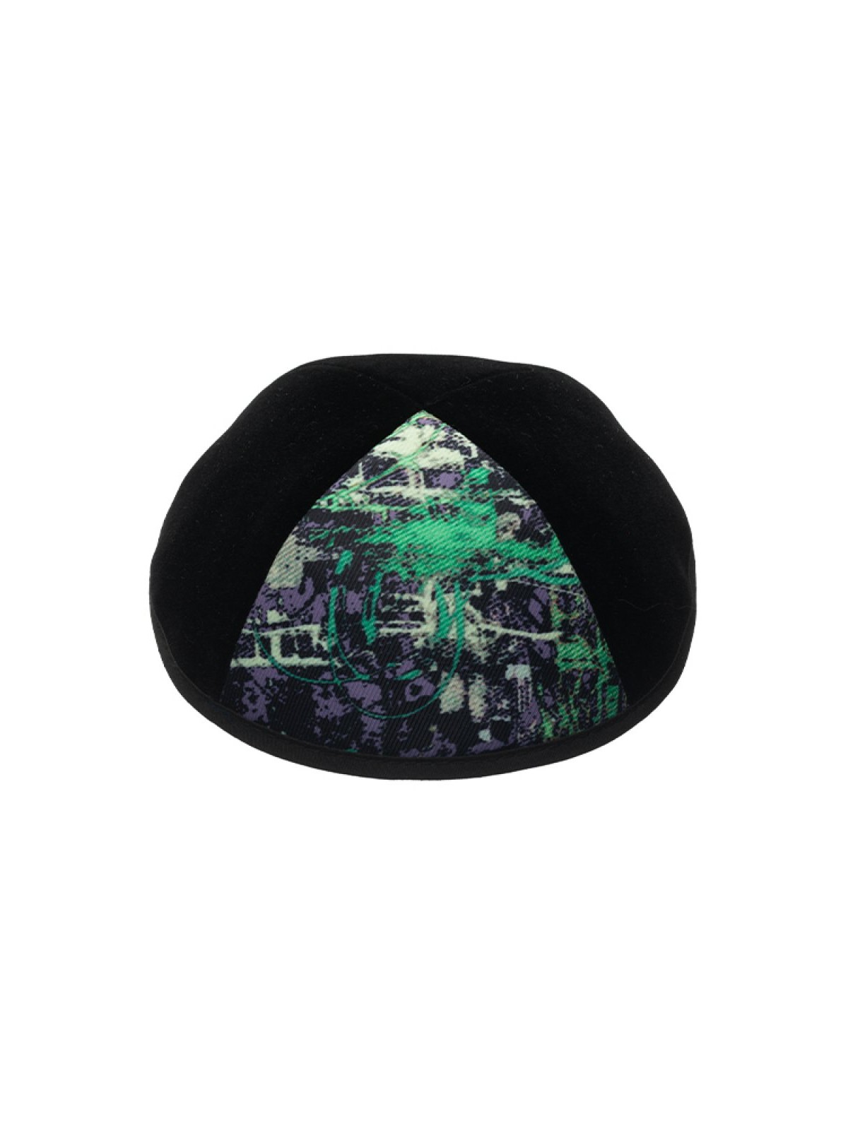 Black Velvet Kippah with Green Purple Design Panel | Velvet Kippah