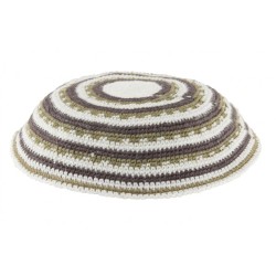 White DMC Knitted Kippah with Green and Purple Con... | Knitted Kippah