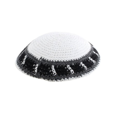 White with Gray Black and White Border Knitted Kippah | Knitted Kippah