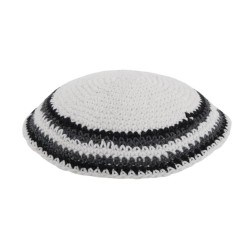 White Knitted Kippah with Gray and Black Striped B... | Knitted Kippah