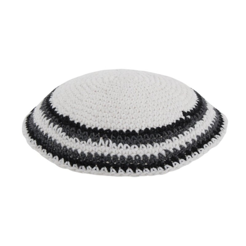 White Knitted Kippah with Gray and Black Striped B... | Knitted Kippah