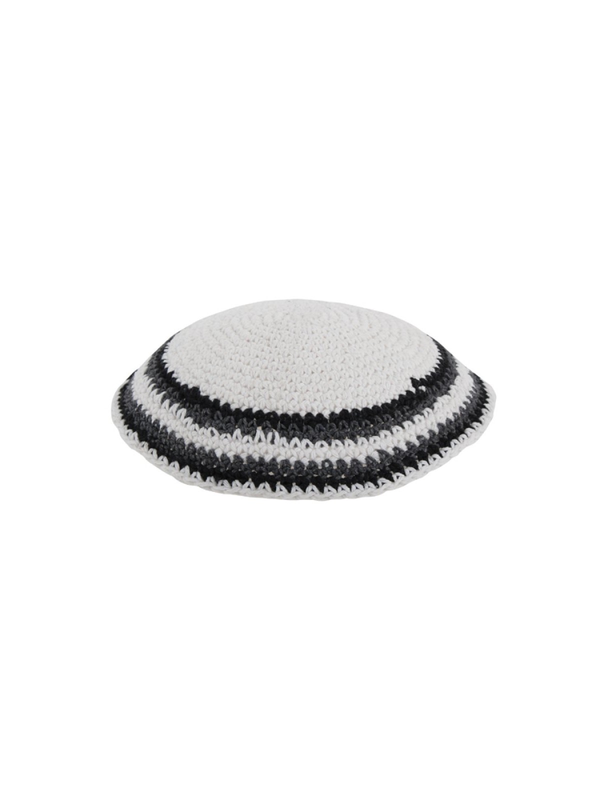 White Knitted Kippah with Gray and Black Striped B... | Knitted Kippah
