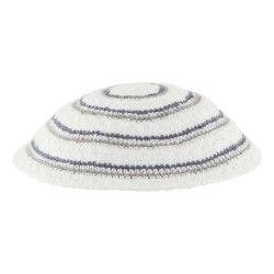 White DMC Knitted Kippah with Narrow Gray and Blue... | Knitted Kippah