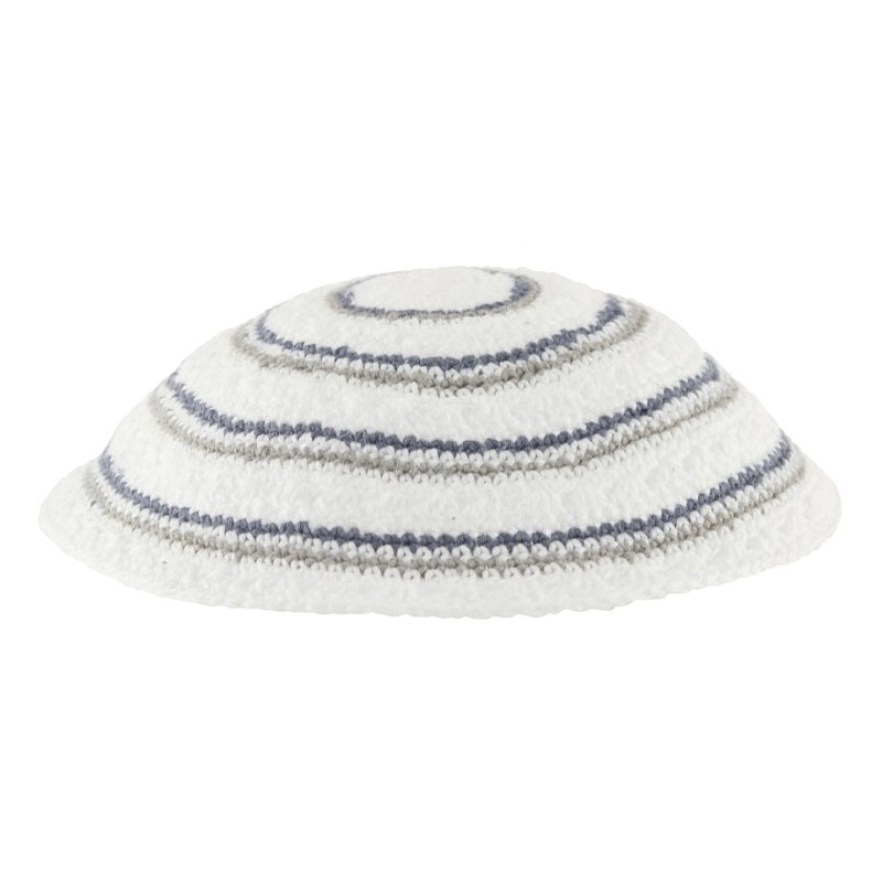 White DMC Knitted Kippah with Narrow Gray and Blue... | Knitted Kippah