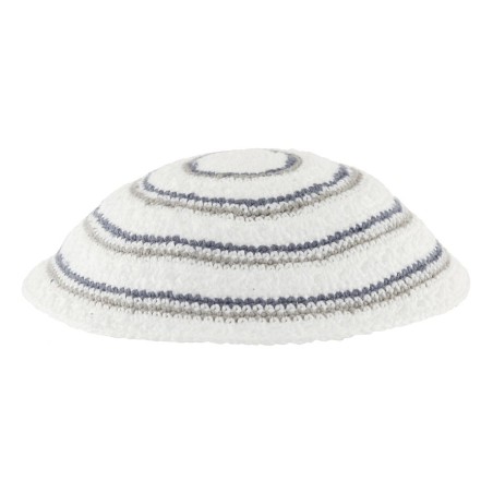 White DMC Knitted Kippah with Narrow Gray and Blue... | Knitted Kippah