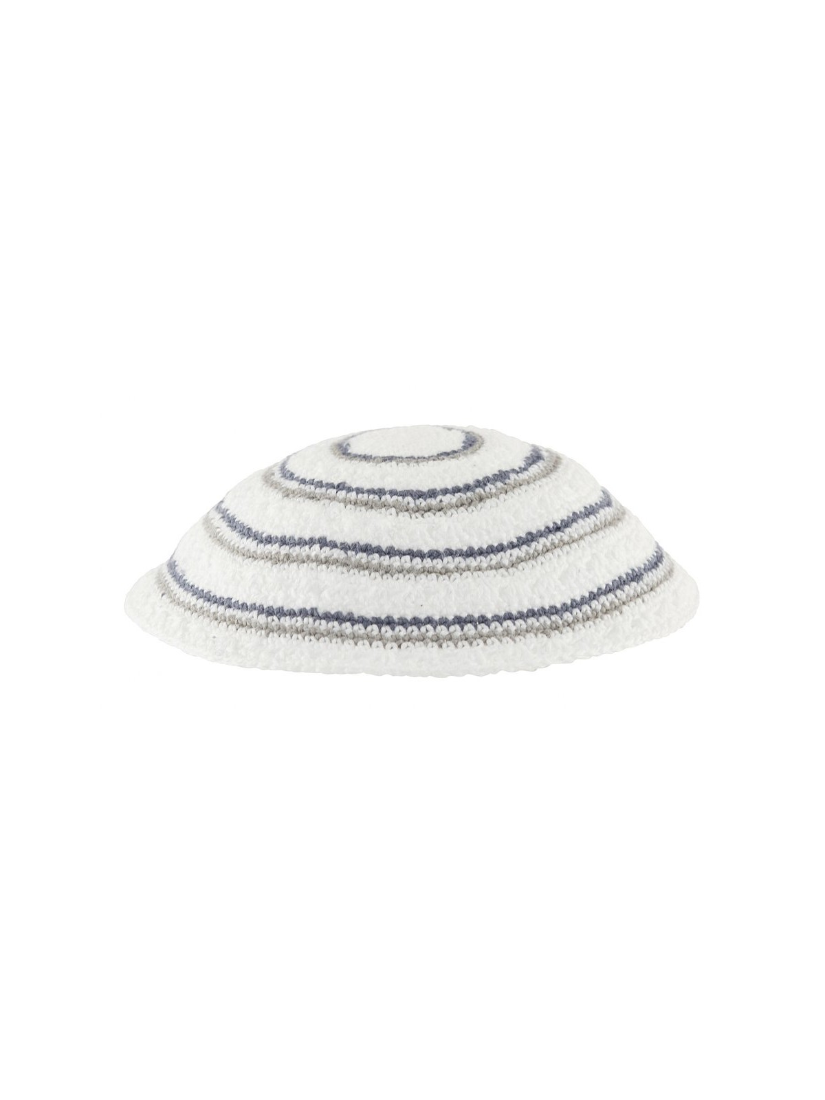 White DMC Knitted Kippah with Narrow Gray and Blue... | Knitted Kippah