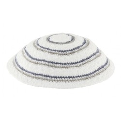White DMC Knitted Kippah with Narrow Gray and Blue... | Knitted Kippah