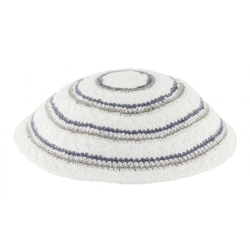 White DMC Knitted Kippah with Narrow Gray and Blue... | Knitted Kippah