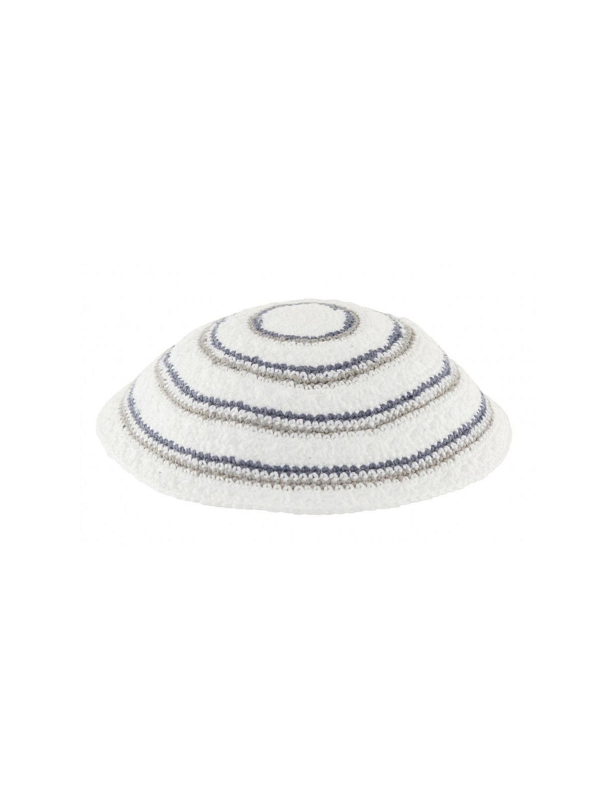 White DMC Knitted Kippah with Narrow Gray and Blue... | Knitted Kippah