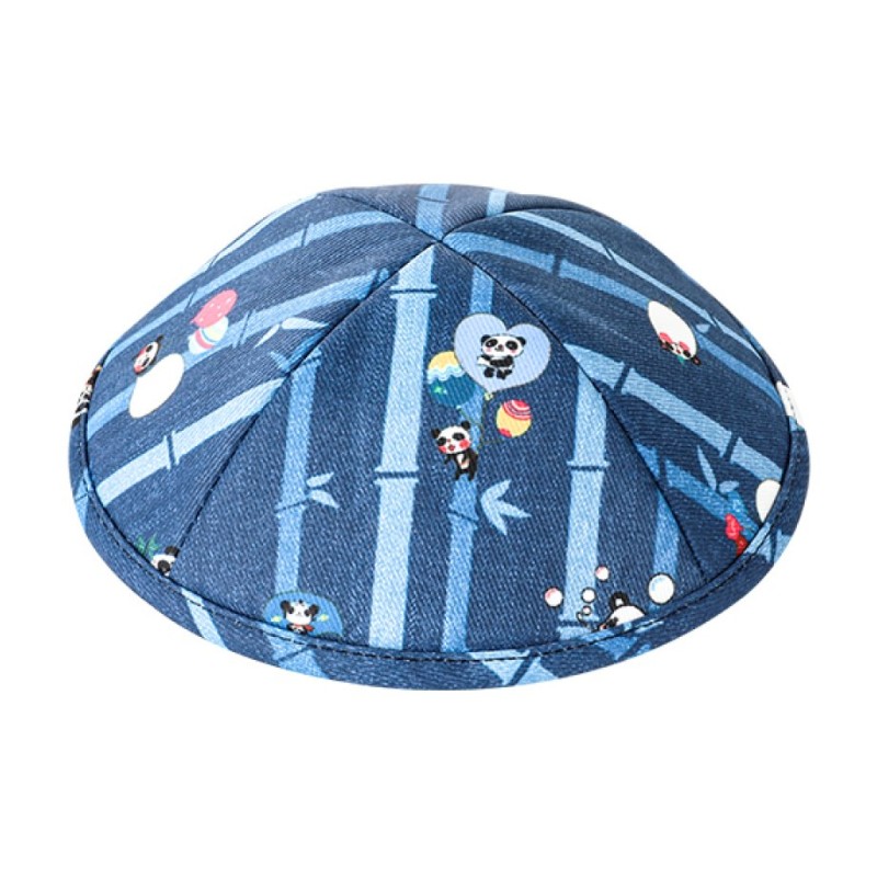 Childrens Blue Panda and Bamboo Design Flat Cloth Ki... | Cloth Kippah