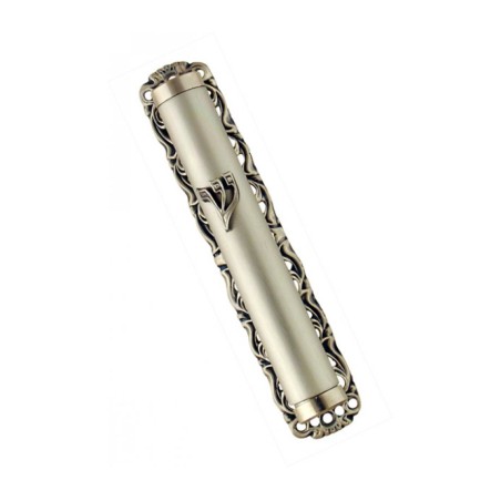 Pewter Plated Smooth Mezuzah Case in Ornate Frame S... | Small Mezuzah