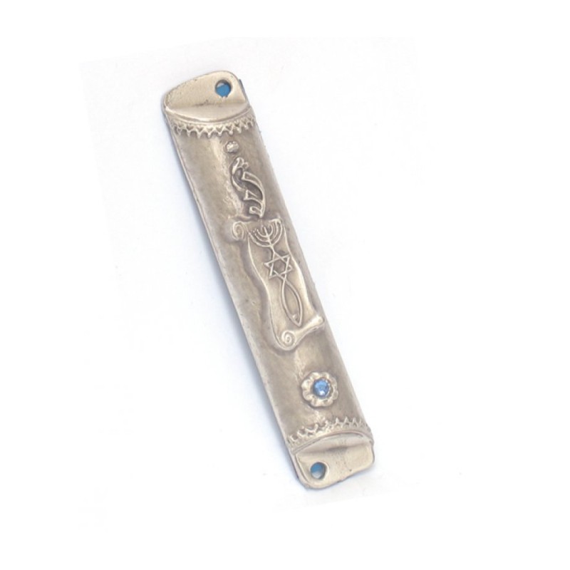 Pewter Plated Mezuzah Case Judaic and Fish Symbols ... | Small Mezuzah