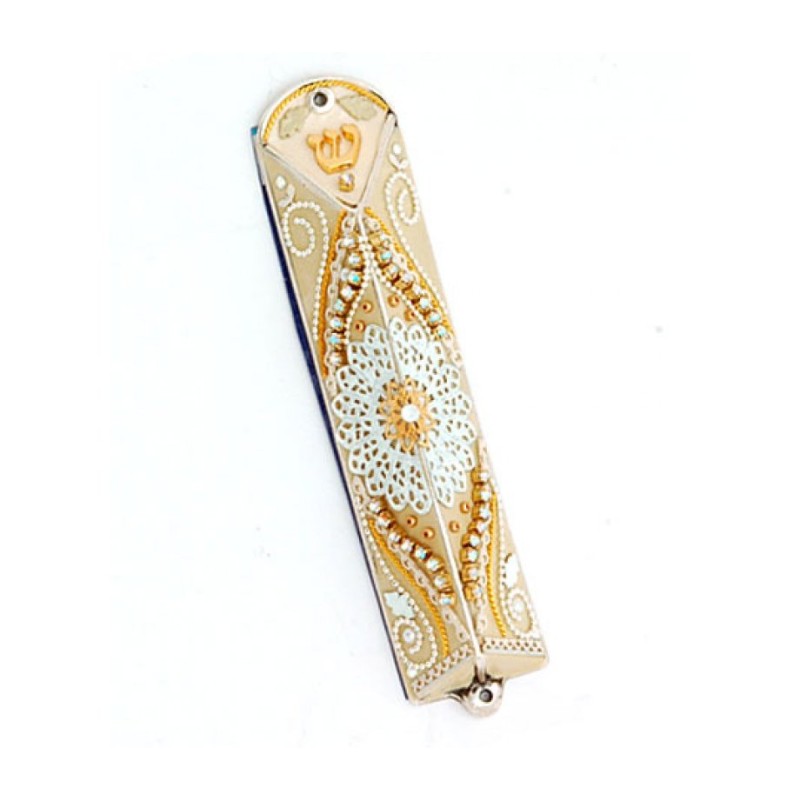 Gold White Triangular Mezuzah Case by Shahaf | Small Mezuzah