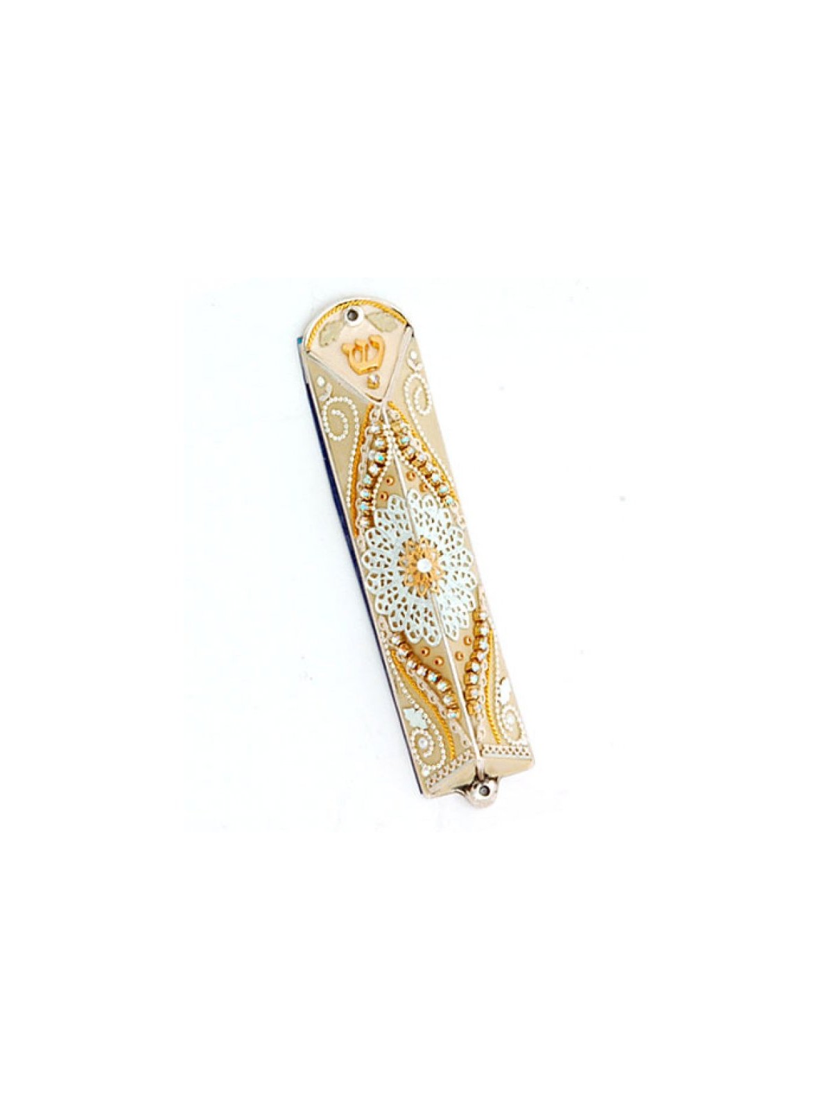 Gold White Triangular Mezuzah Case by Shahaf | Small Mezuzah