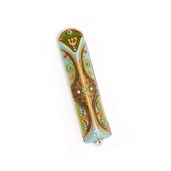 Triangle Pewter Mezuzah Green and Blue by Ester Shahaf | Small Mezuzah