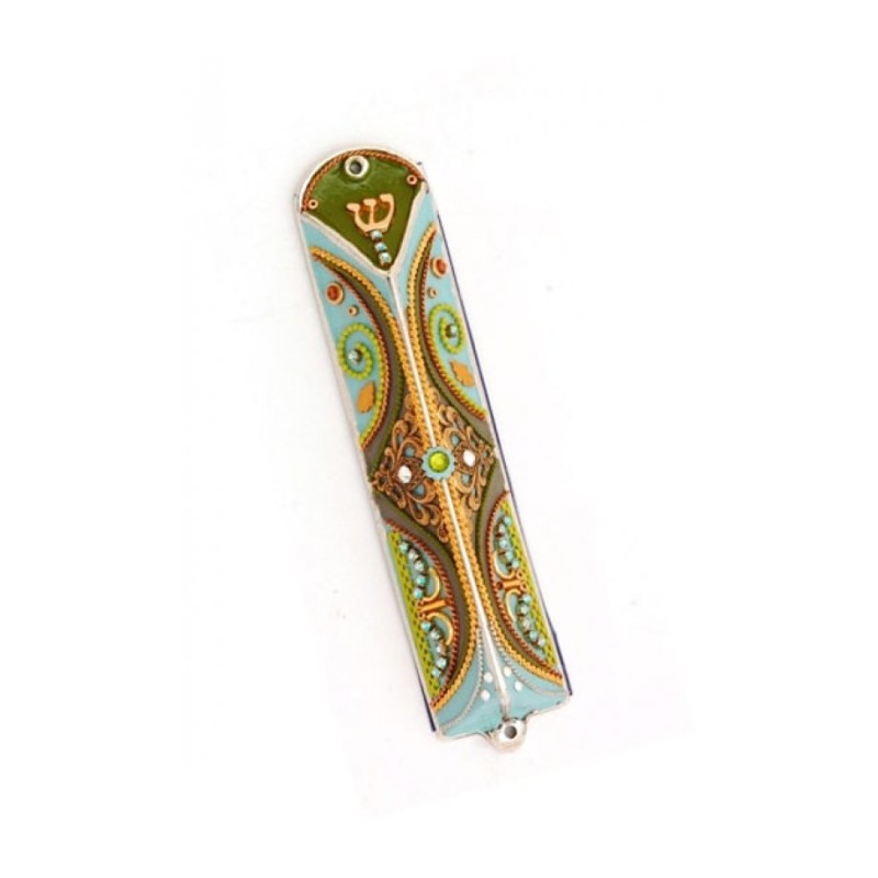 Triangle Pewter Mezuzah Green and Blue by Ester Shahaf | Small Mezuzah