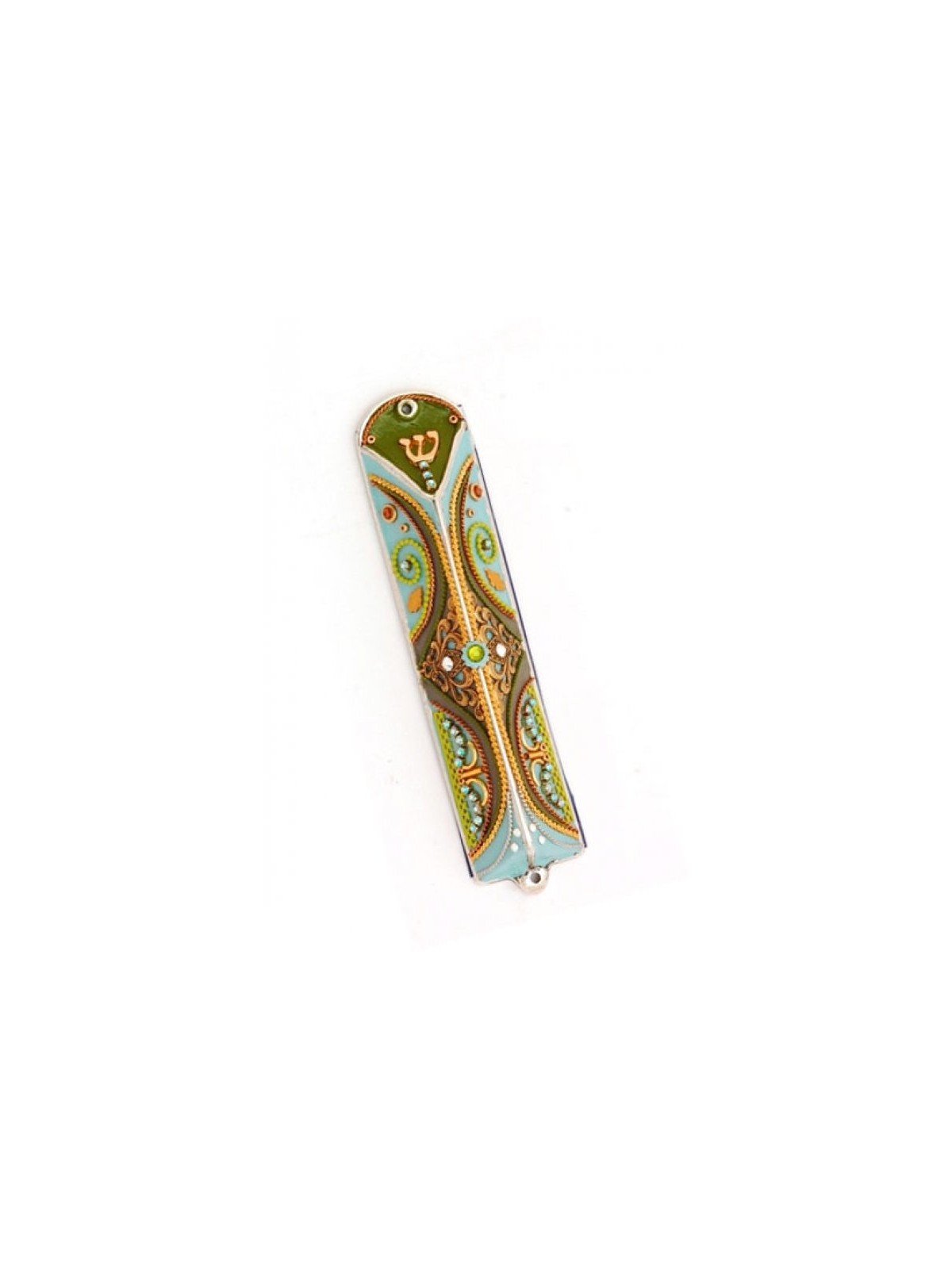 Triangle Pewter Mezuzah Green and Blue by Ester Shahaf | Small Mezuzah