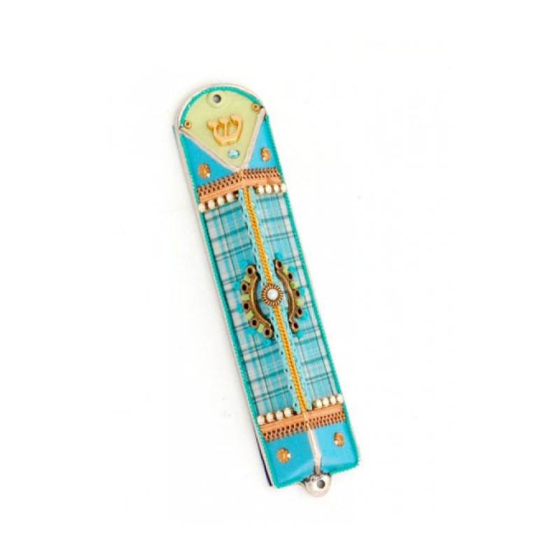 Turquoise Checker Triangular Mezuzah Case Ester Shahaf | Small Mezuzah