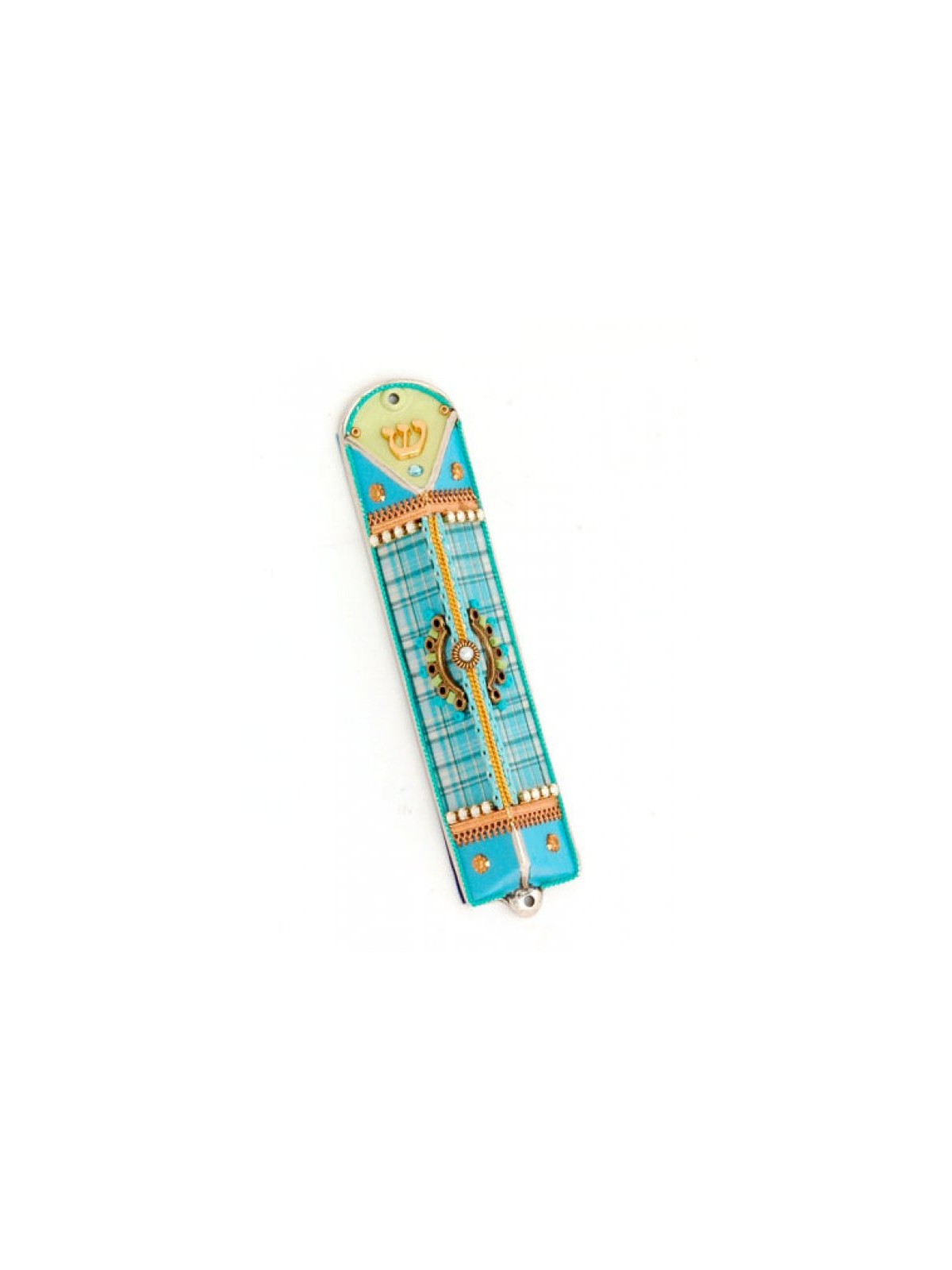 Turquoise Checker Triangular Mezuzah Case Ester Shahaf | Small Mezuzah