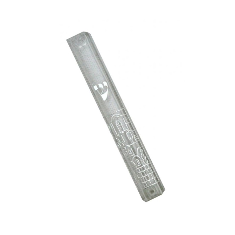 Transparent Plastic Mezuzah Case with Silver Jeru... | Plastic Mezuzah
