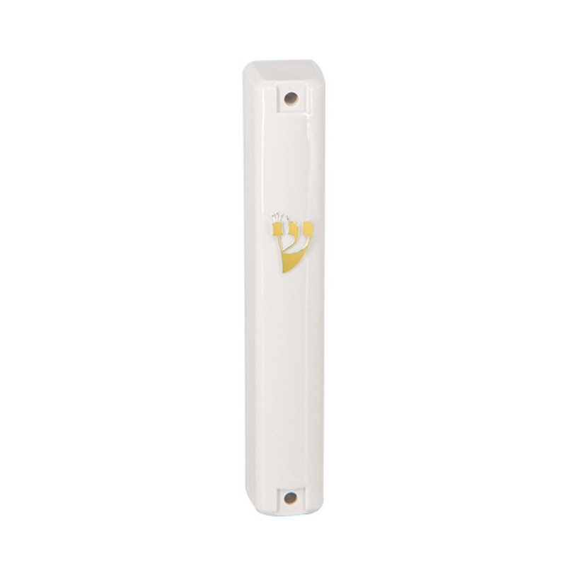 White Plastic Lucite Mezuzah Case with Gold Shin ... | Plastic Mezuzah